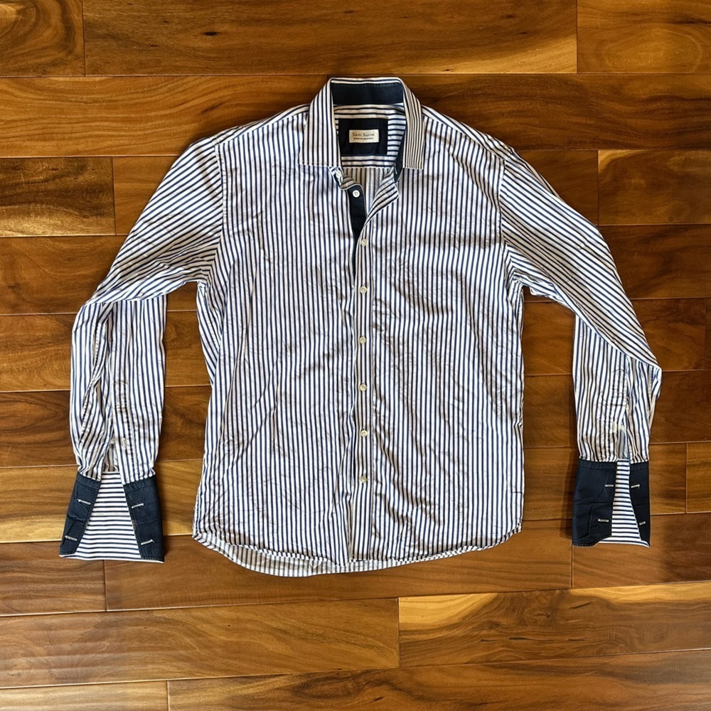 Sam Surin Custom Made White and Blue Stripe Dress Shirt size Large